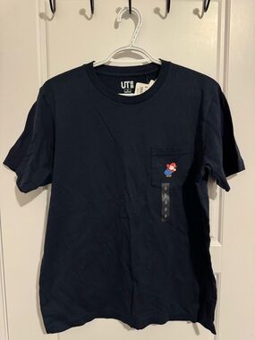 Uniqlo Men's Navy Pocket T-Shirt with Mario Embroidered Character